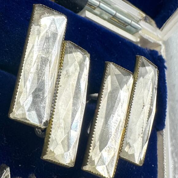 Antique Art Deco 1920s brass Czech glass sterling silver screw back earrings - Picture 3 of 10